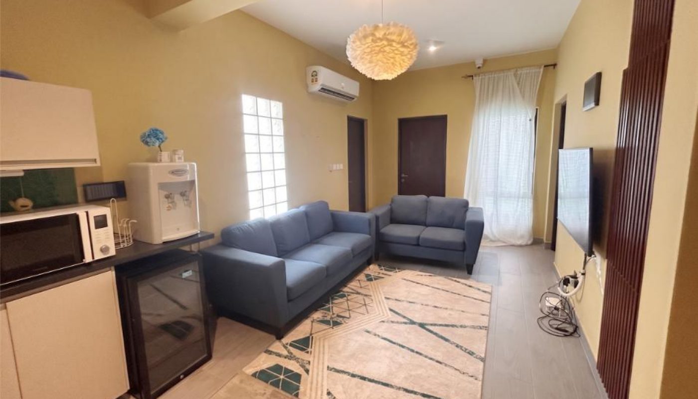 A modern living room with blue sofas, a geometric rug, and a kitchen counter with a microwave and water dispenser.