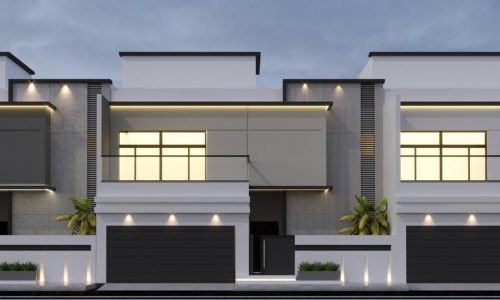 A modern 3D rendering of a townhouse at night in Bani Jamra.