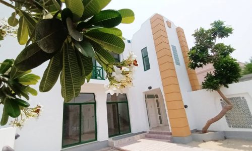 A white commercial villa with a tree in front of it available for rent in Adliya.