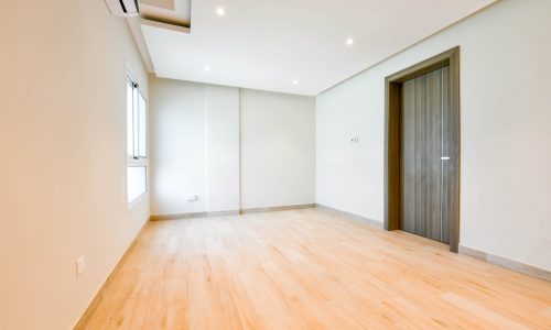 A spacious empty room in an apartment with wooden floors and a door available for rent.