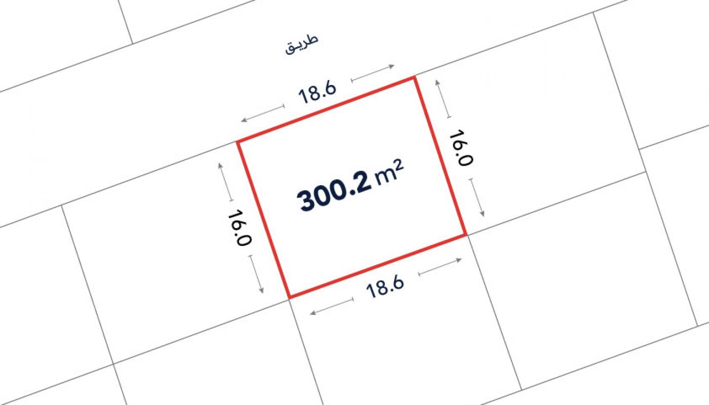 Diagram of a rectangular plot marked in red, labeled 300.2 m², with side lengths of 18.6 and 16.0 meters, and adjacent streets labeled in Arabic.