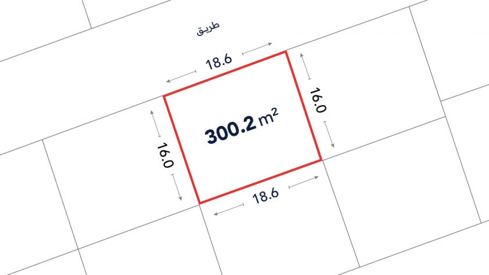 Diagram of a rectangular plot marked in red, labeled 300.2 m², with side lengths of 18.6 and 16.0 meters, and adjacent streets labeled in Arabic.