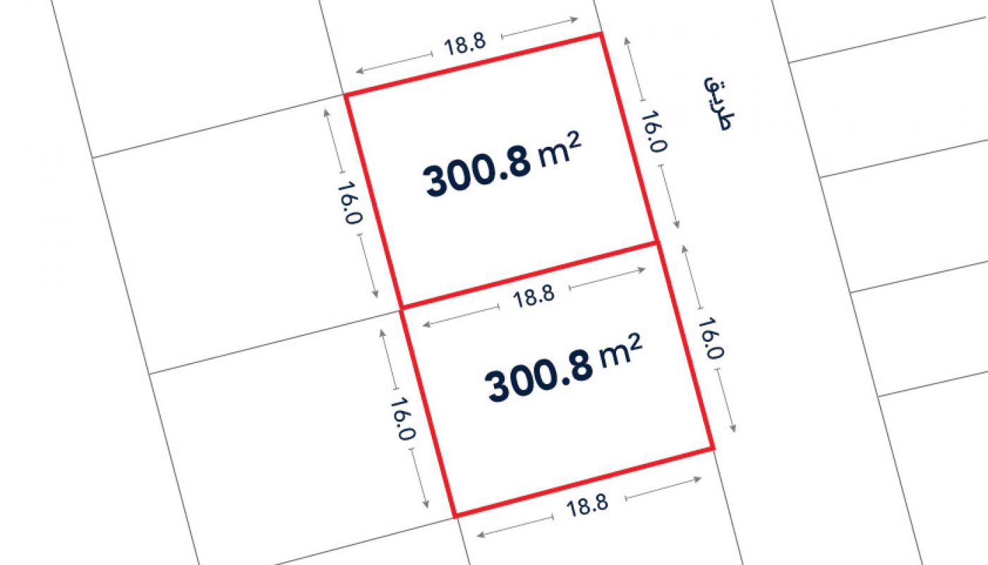Diagram showing two adjacent rectangular plots, each labeled 300.8 m², with dimensions 18.8m by 16.0m, outlined in red on a site plan.