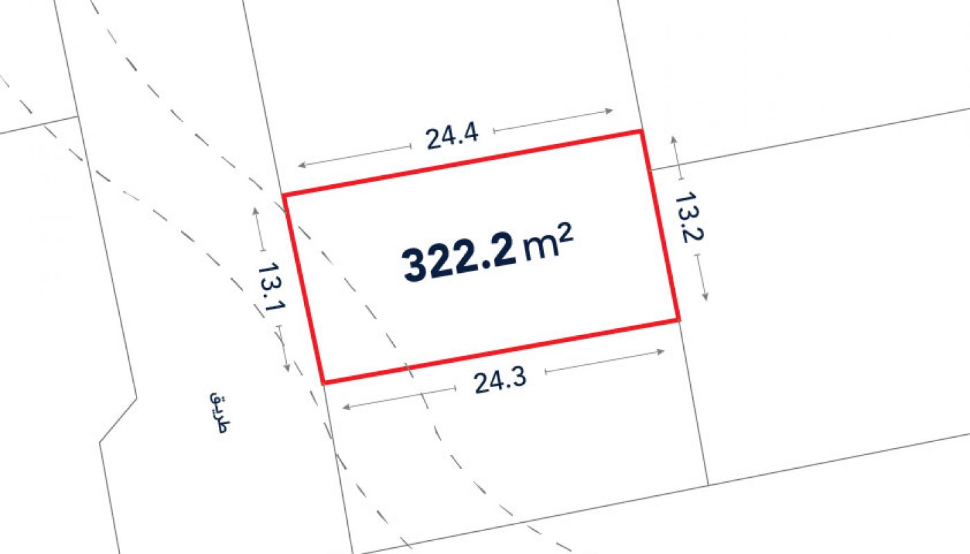 A rectangular plot of land outlined in red, labeled 322.2 m², with side lengths 24.4m, 24.3m, 13.2m, and 13.1m marked on the diagram.
