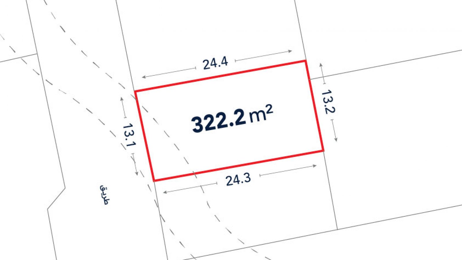 A rectangular plot of land outlined in red, labeled 322.2 m², with side lengths 24.4m, 24.3m, 13.2m, and 13.1m marked on the diagram.