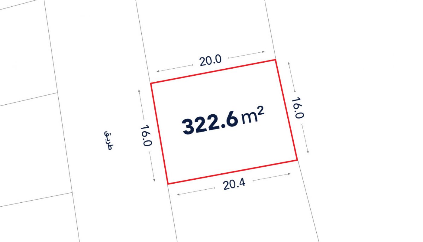 A rectangular plot of land, outlined in red, measures 20.4 by 16.0 meters, with a total area labeled as 322.6 square meters.