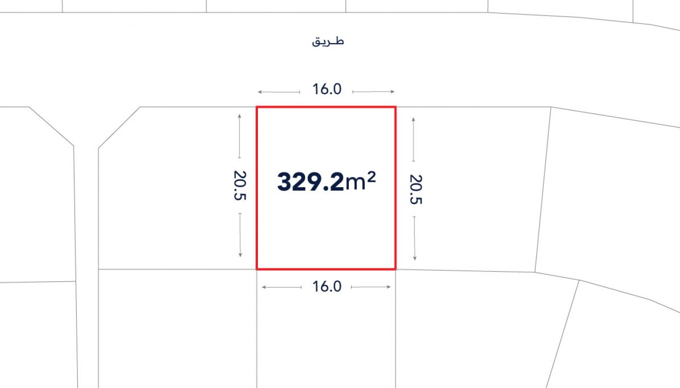 Plot diagram showing a rectangular land area of 329.2 square meters, with sides labeled 16.0 meters wide and 20.5 meters long, bordered by a street at the top.
