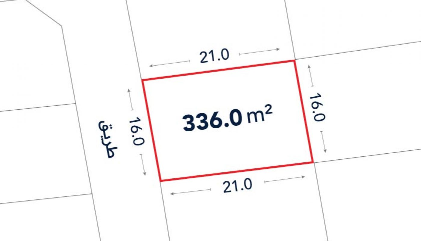 A rectangular plot measuring 336.0 square meters, with dimensions of 21.0 by 16.0 meters, bordered by streets on two sides.