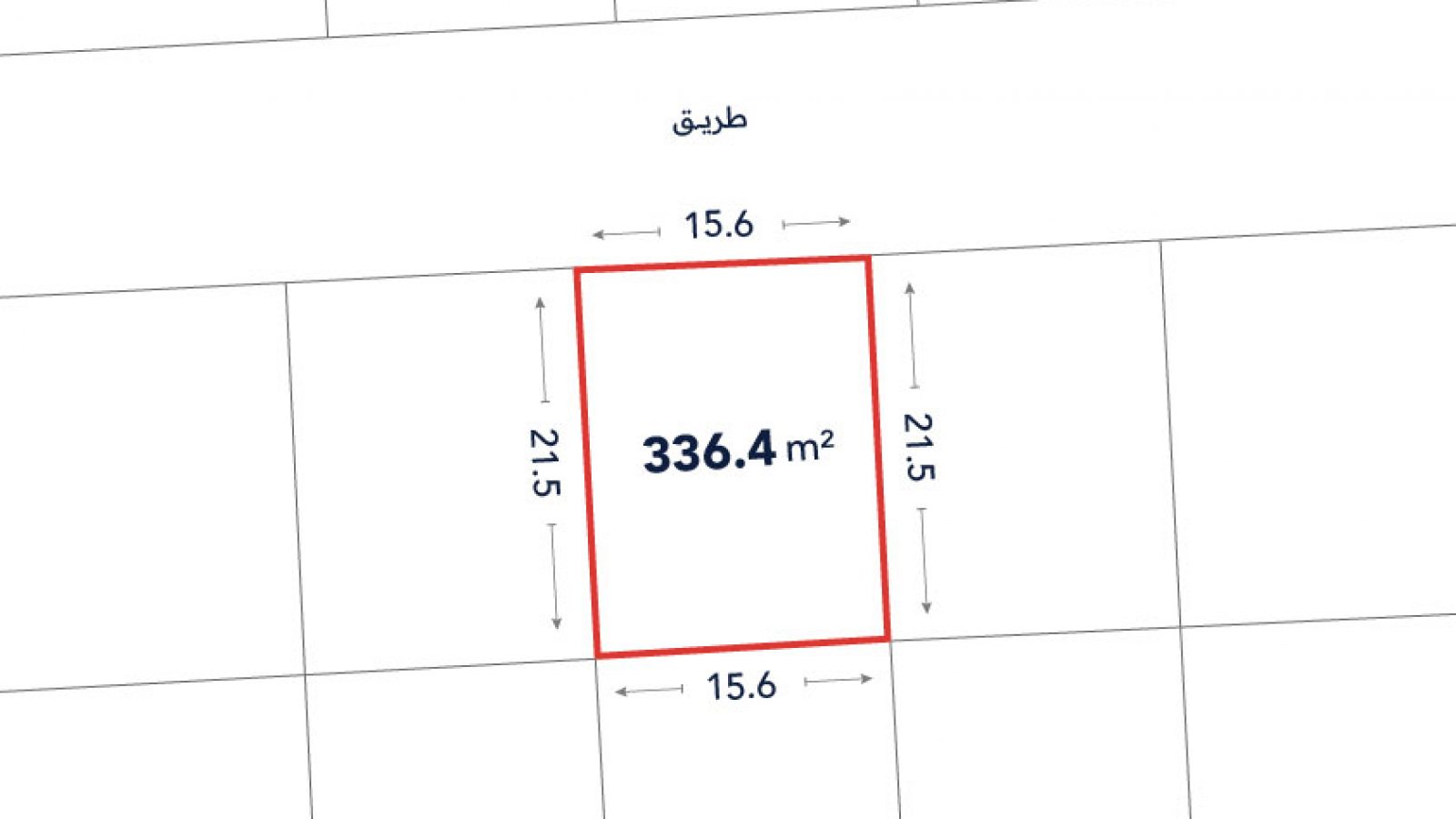 A rectangular plot outlined in red, labeled 336.4 m², with dimensions 15.6 meters by 21.5 meters, adjacent to a road labeled "طريق" (Arabic for "road").