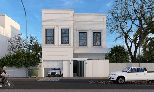 Modern two-story villa with white facade, garage, and balcony, set in a street scene with a man riding a bicycle and a parked white truck in Hamala.