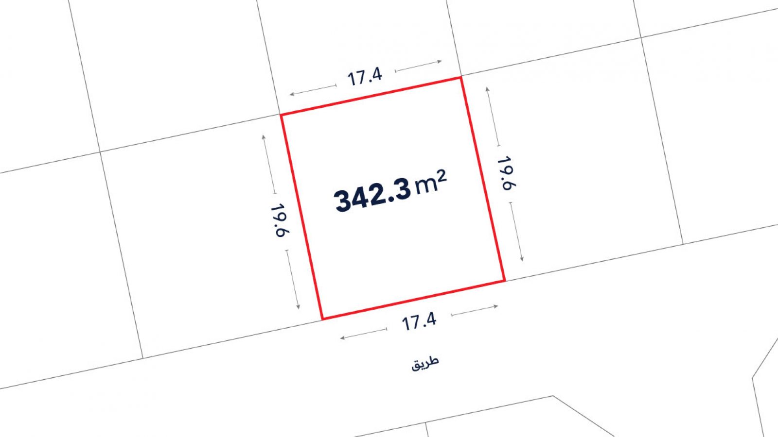 A plot plan showing a rectangular land parcel outlined in red, labeled 342.3 m², with side lengths of 17.4 meters and 19.6 meters. Arabic text is visible at the bottom.