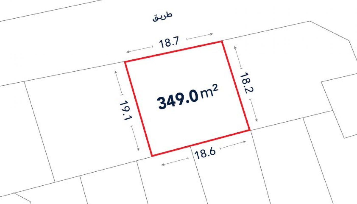 A rectangular plot measuring 349.0 square meters with labeled side lengths: 18.7m, 18.2m, 18.6m, and 19.1m, bordered by a road on one side.