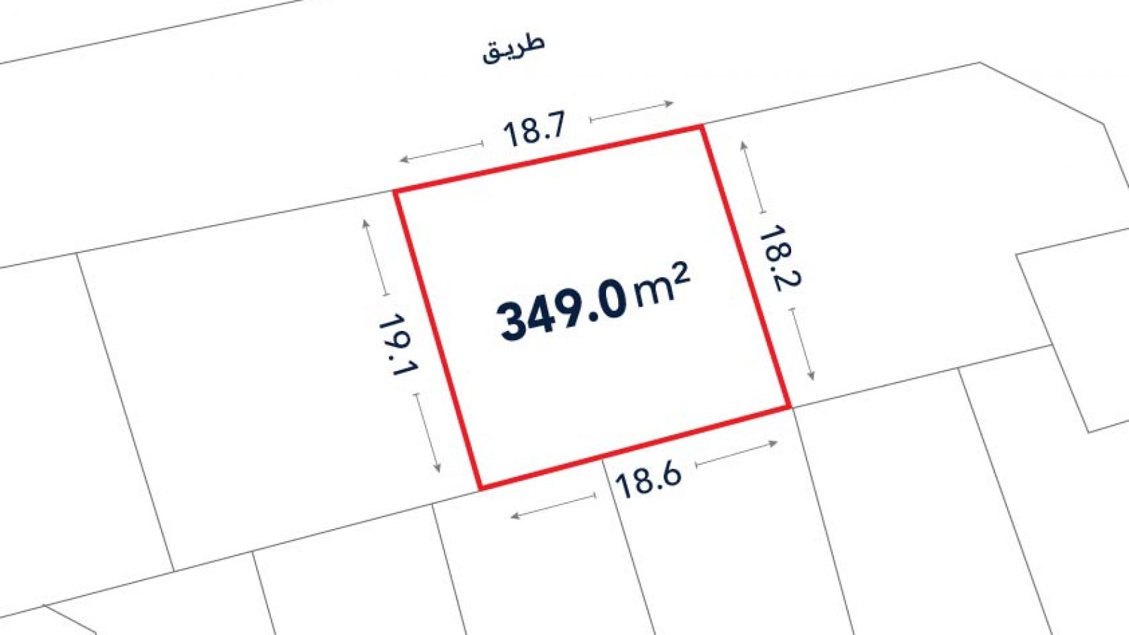 A rectangular plot measuring 349.0 square meters with labeled side lengths: 18.7m, 18.2m, 18.6m, and 19.1m, bordered by a road on one side.