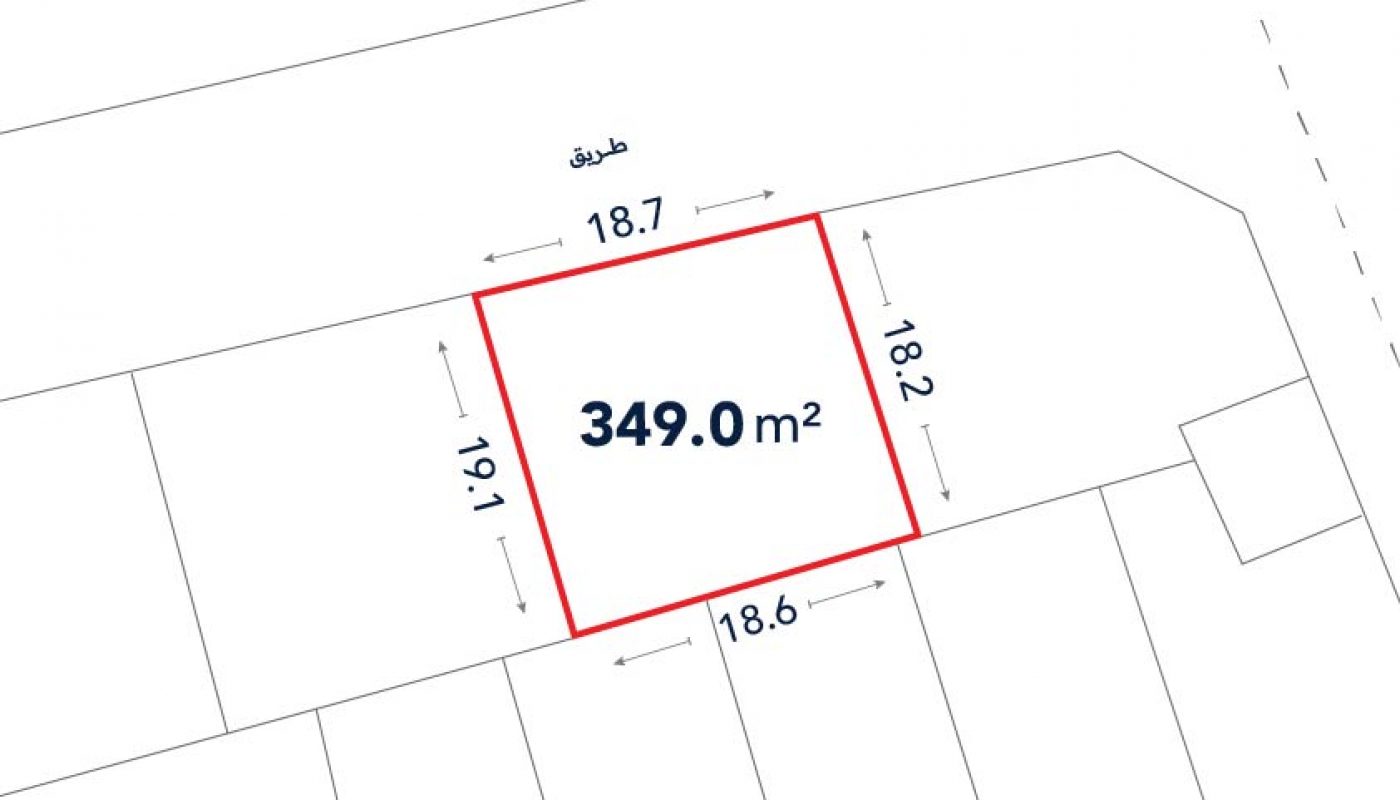 A rectangular plot outlined in red with an area of 349.0 m²; side lengths labeled 18.7m, 19.1m, 18.6m, and 18.2m; adjacent to a road.