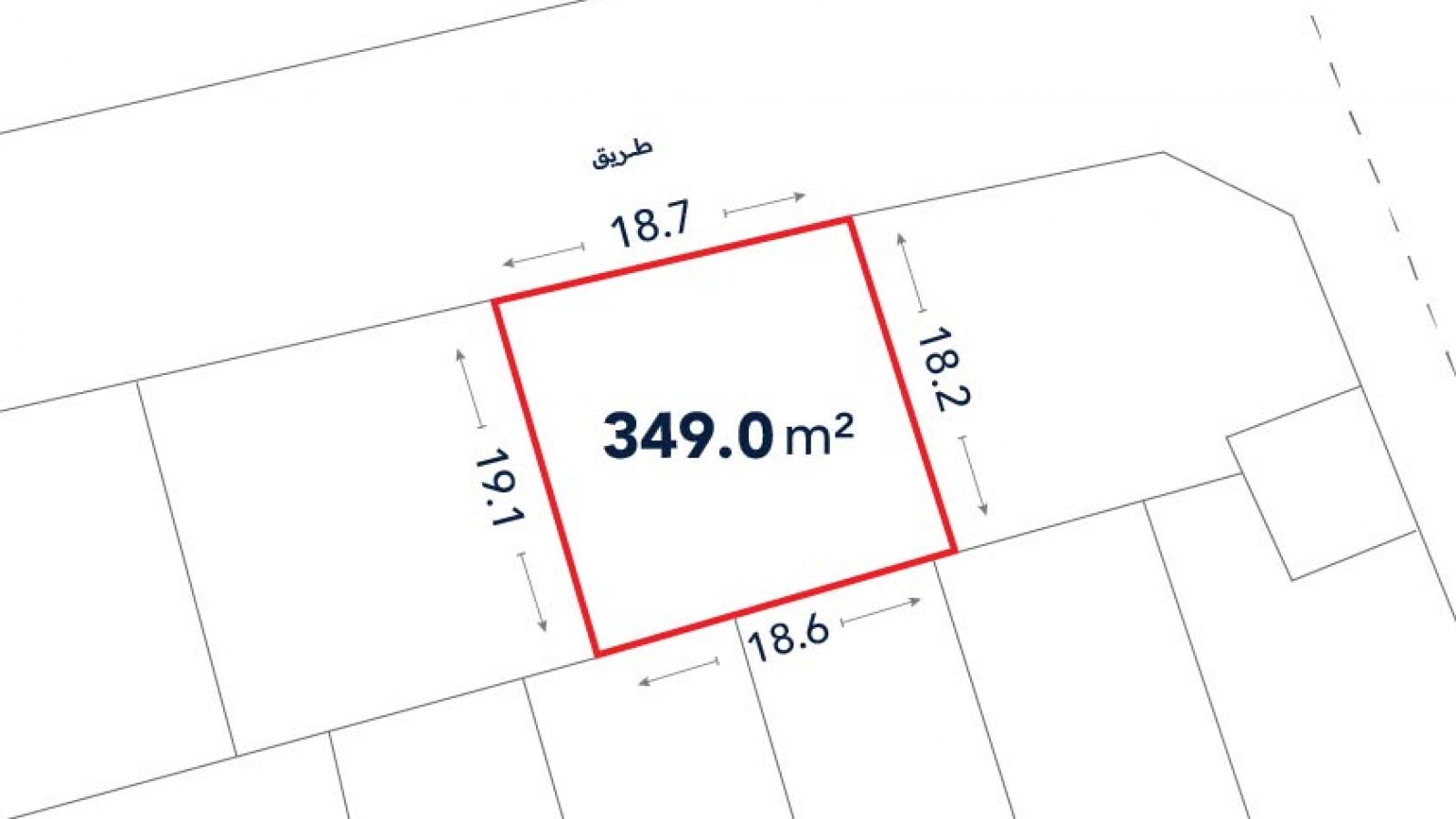 A rectangular plot outlined in red with an area of 349.0 m²; side lengths labeled 18.7m, 19.1m, 18.6m, and 18.2m; adjacent to a road.