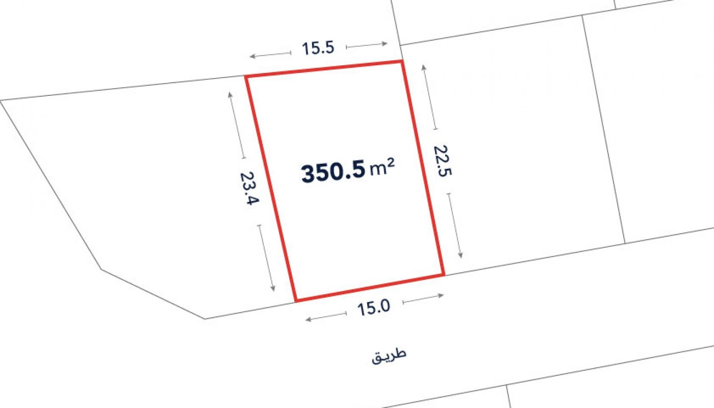 A rectangular plot outlined in red, labeled 350.5 m², with sides measuring 15.5 m, 22.5 m, 23.4 m, and 15.0 m, adjacent to a road labeled "طريق".