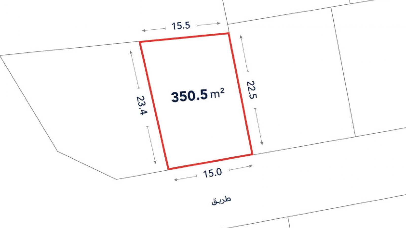 A rectangular plot outlined in red, labeled 350.5 m², with sides measuring 15.5 m, 22.5 m, 23.4 m, and 15.0 m, adjacent to a road labeled "طريق".