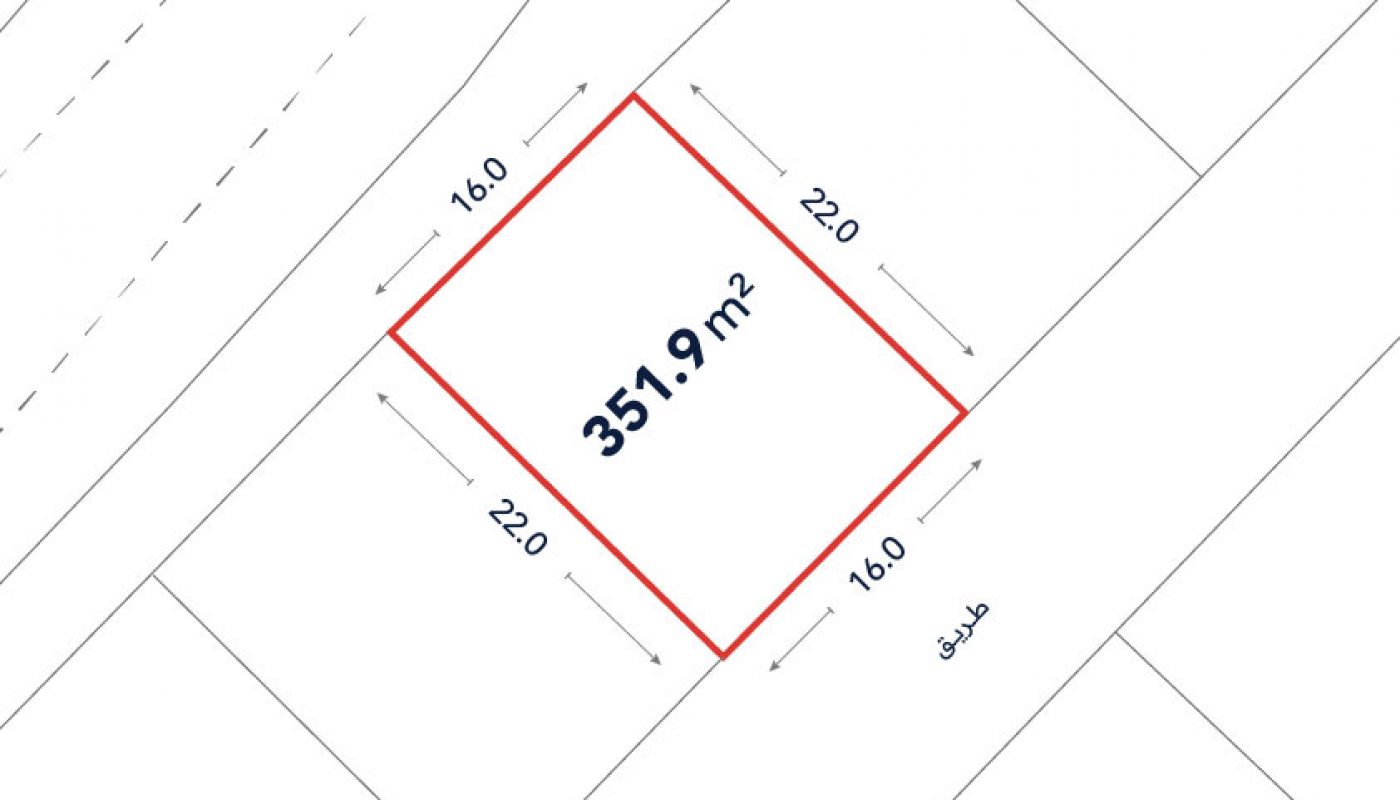 Diagram of a rectangular plot outlined in red, labeled 351.9 square meters, with dimensions 22.0 by 16.0 meters, adjacent to roads.