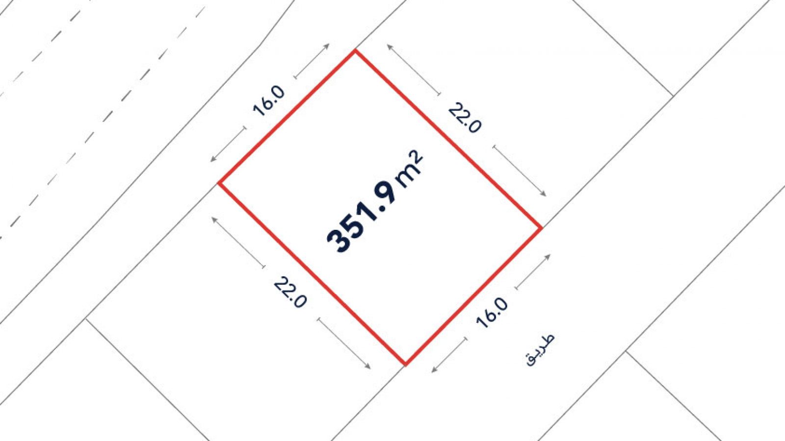Diagram of a rectangular plot outlined in red, labeled 351.9 square meters, with dimensions 22.0 by 16.0 meters, adjacent to roads.
