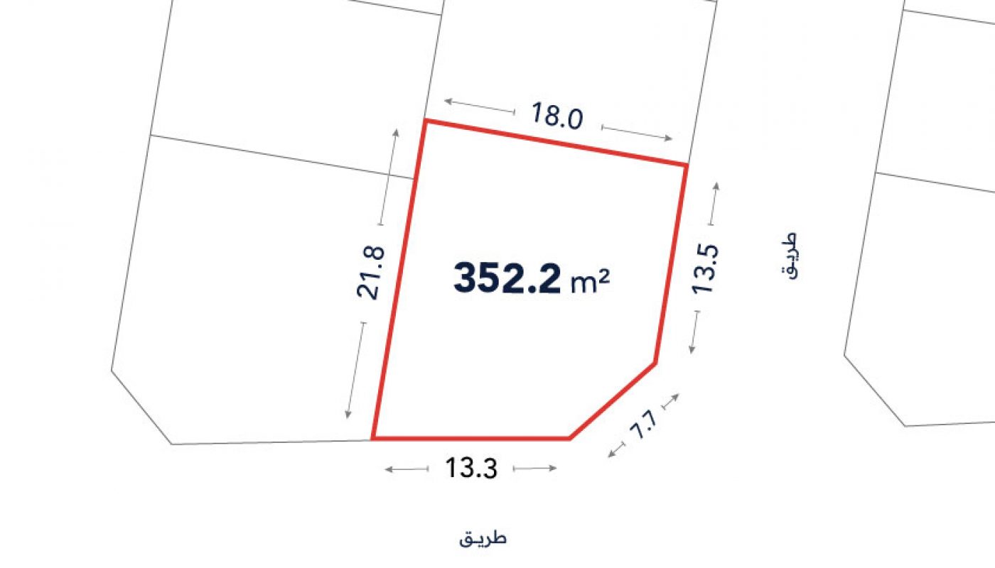 A land plot outlined in red with labeled dimensions and area of 352.2 square meters, showing adjacent streets and plot boundaries.