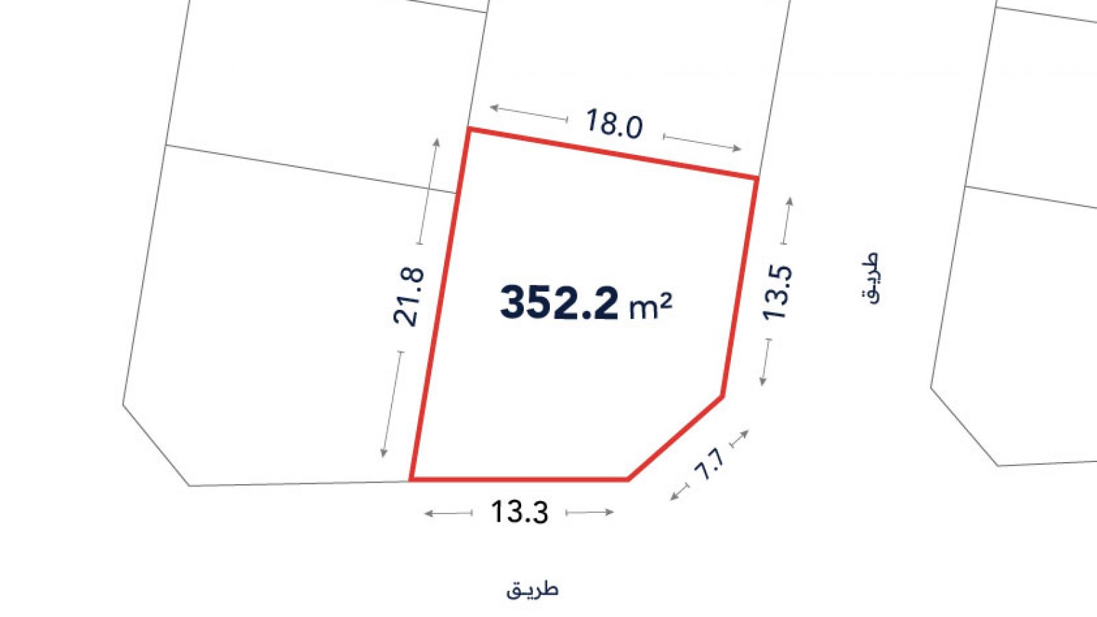 A land plot outlined in red with labeled dimensions and area of 352.2 square meters, showing adjacent streets and plot boundaries.
