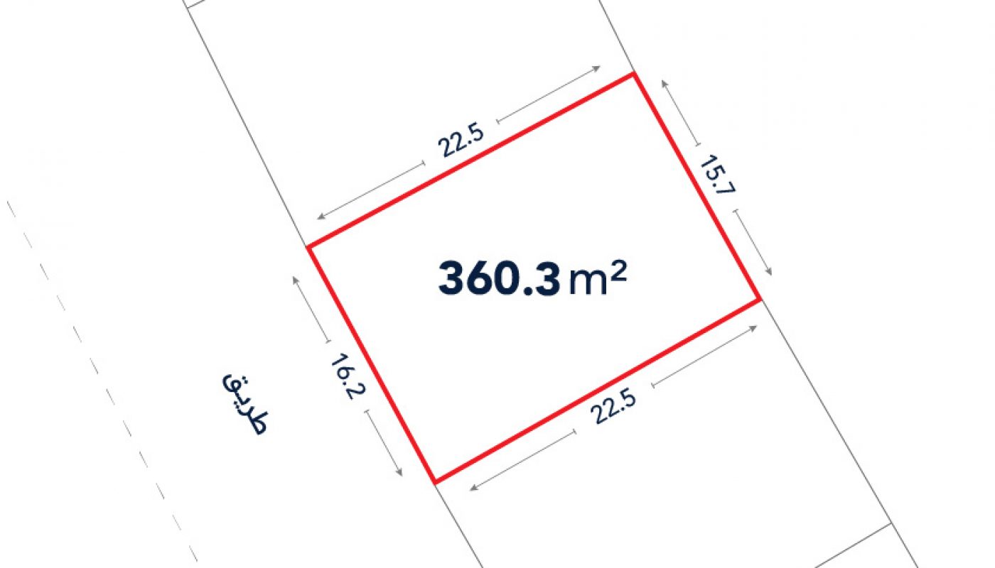 A rectangular plot of land outlined in red, labeled as 360.3 m², with side lengths marked as 22.5m, 15.7m, and 16.2m; adjacent to a street.