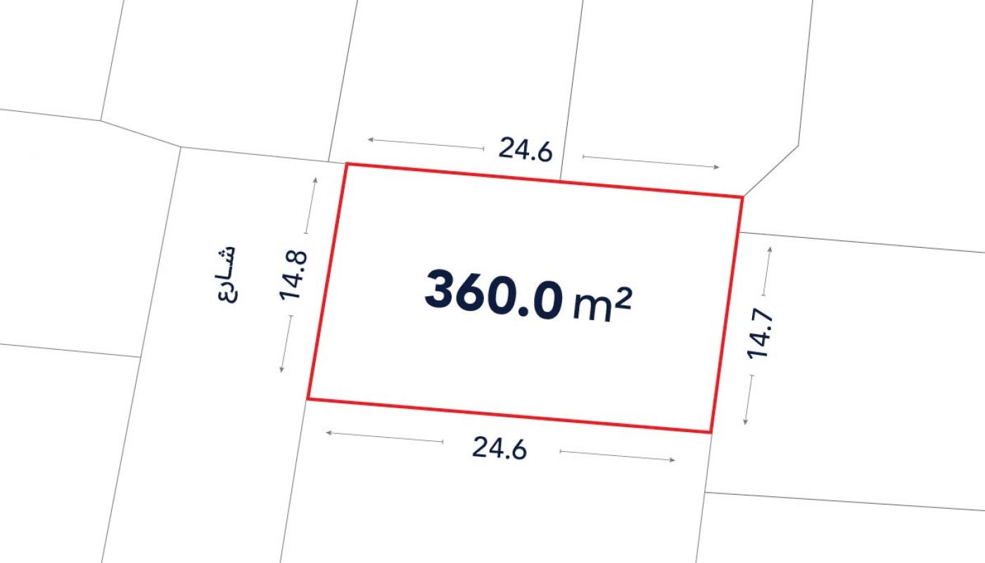 Rectangular plot outlined in red, labeled 360.0 m², with dimensions 24.6 m by 14.7–14.8 m, bordered by streets on two sides.