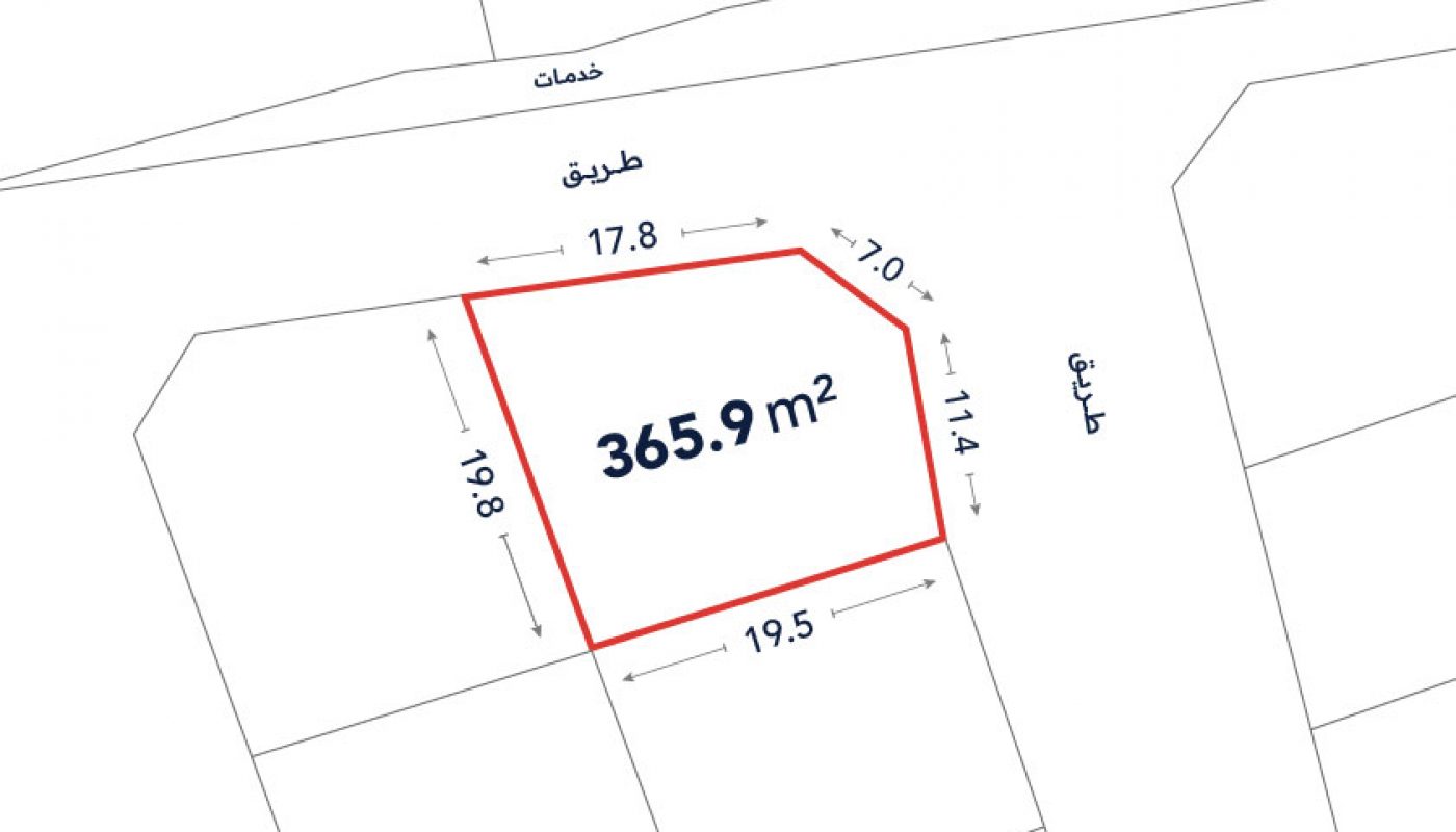 A plot map showing a land parcel outlined in red, labeled 365.9 m², with side lengths: 17.8m, 7m, 11.4m, 19.5m, and 19.8m, adjacent to two labeled streets.