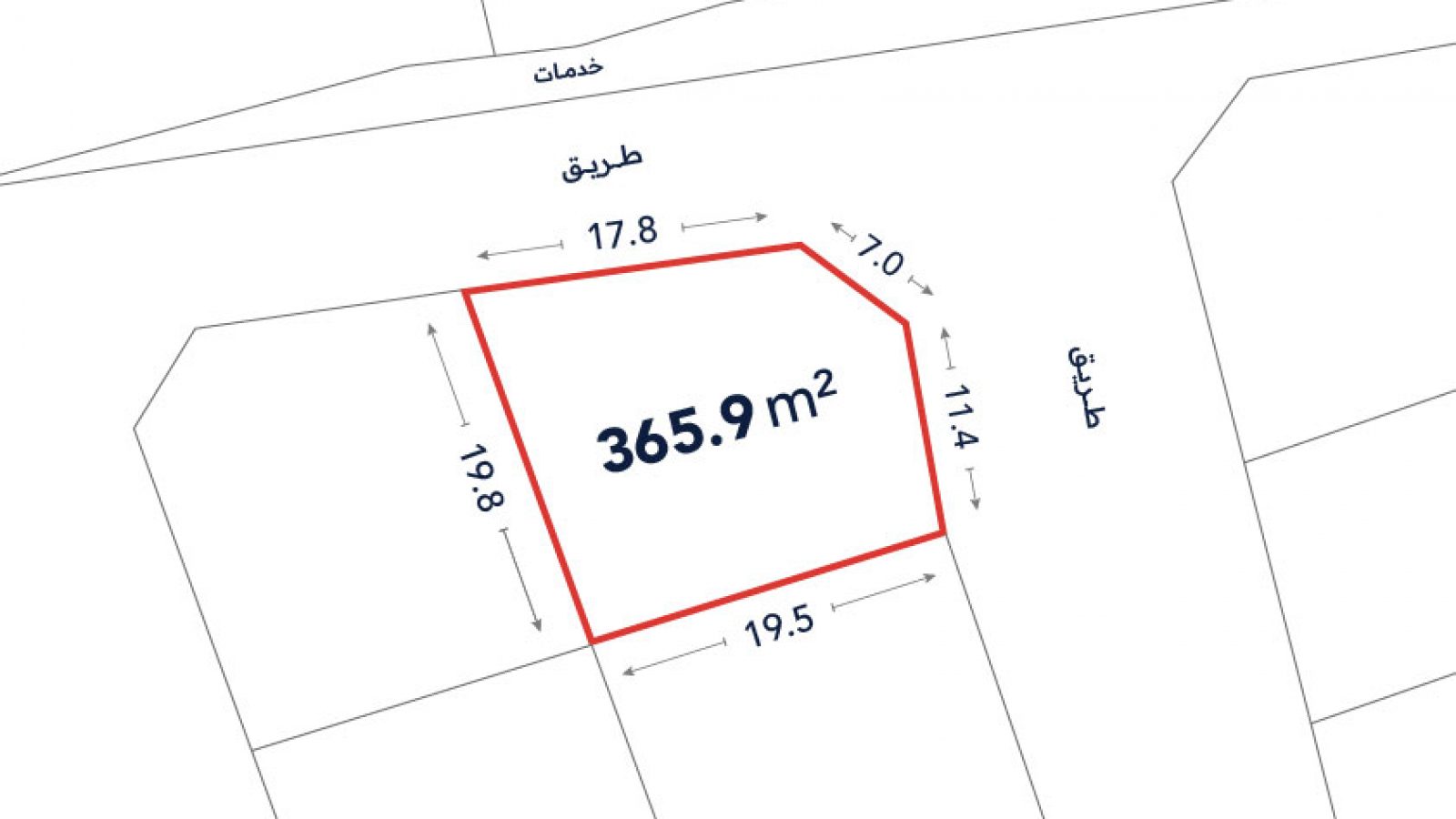 A plot map showing a land parcel outlined in red, labeled 365.9 m², with side lengths: 17.8m, 7m, 11.4m, 19.5m, and 19.8m, adjacent to two labeled streets.