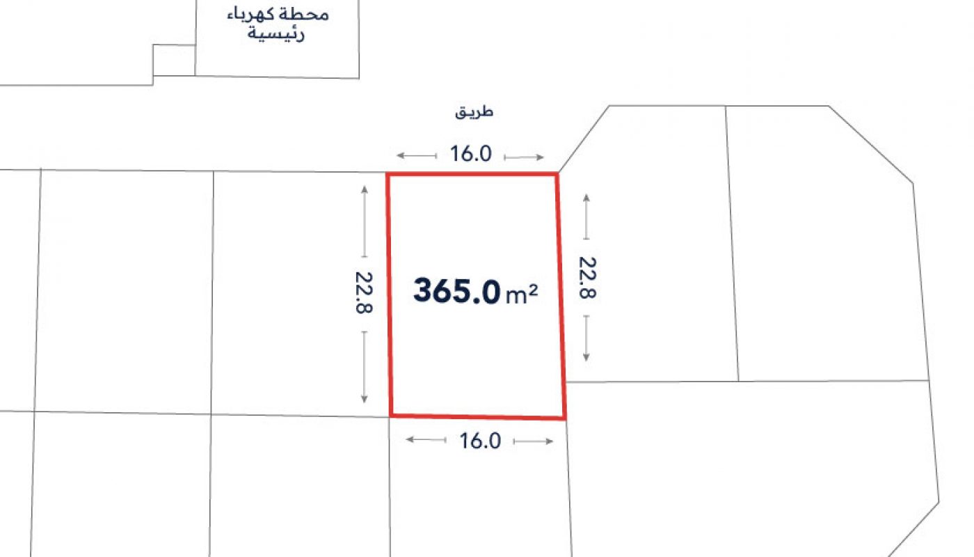 A rectangular plot of land outlined in red, measuring 365.0 m² with sides of 16.0 m and 22.8 m, adjacent to a road and a labeled power station in Arabic.
