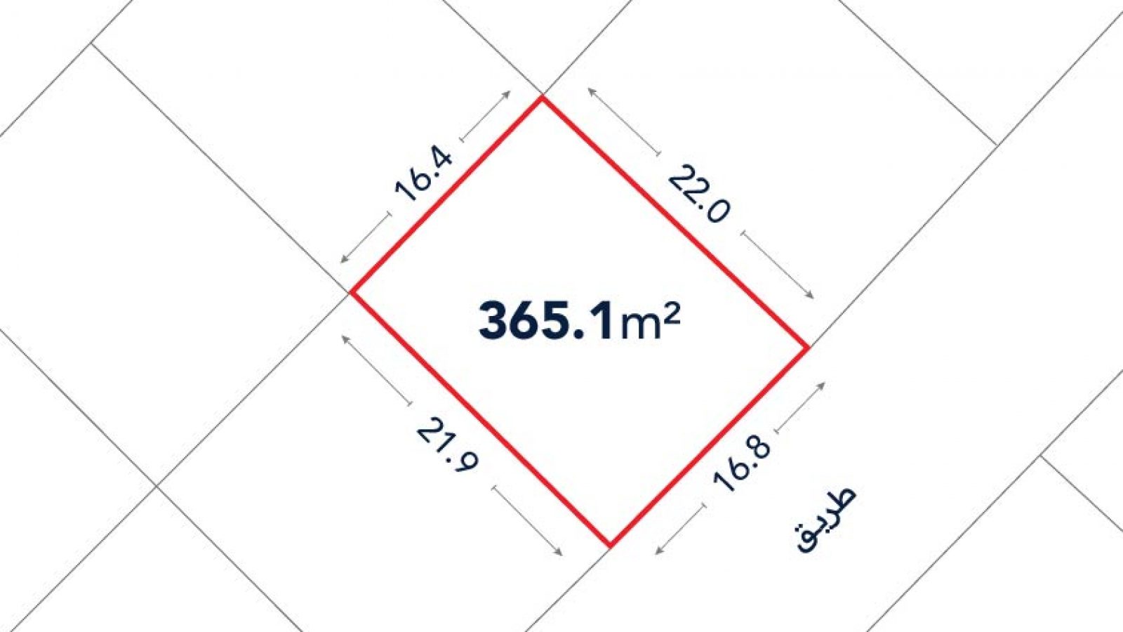A plot outlined in red, labeled 365.1 m², with side lengths of 16.4 m, 22.0 m, 21.9 m, and 16.8 m; adjacent street labeled in Arabic.