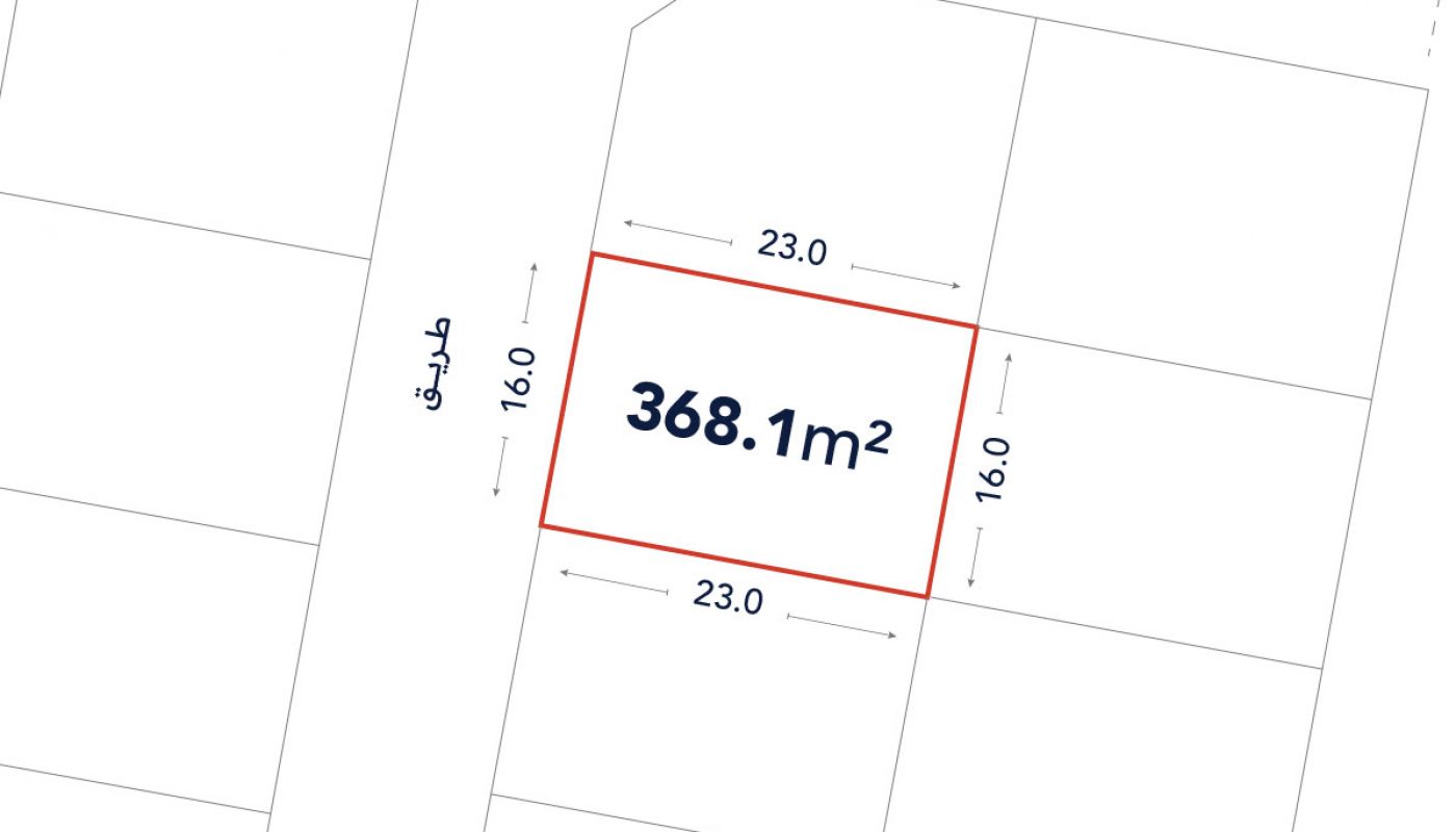 A land plot outlined in red, measuring 368.1 square meters, with dimensions of 23 by 16 meters, is shown among other plots on a site map.