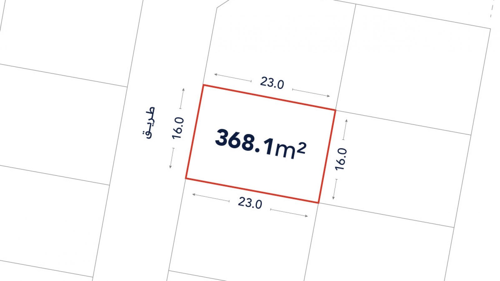 A land plot outlined in red, measuring 368.1 square meters, with dimensions of 23 by 16 meters, is shown among other plots on a site map.