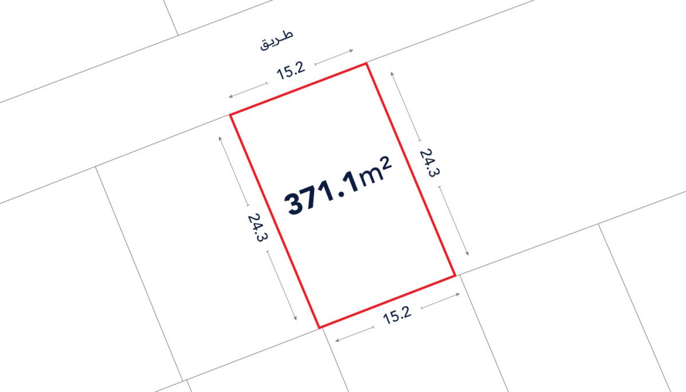 Rectangular land plot outlined in red, labeled 371.1 m², with dimensions 15.2 meters by 24.3 meters, and adjacent to a street labeled in Arabic.