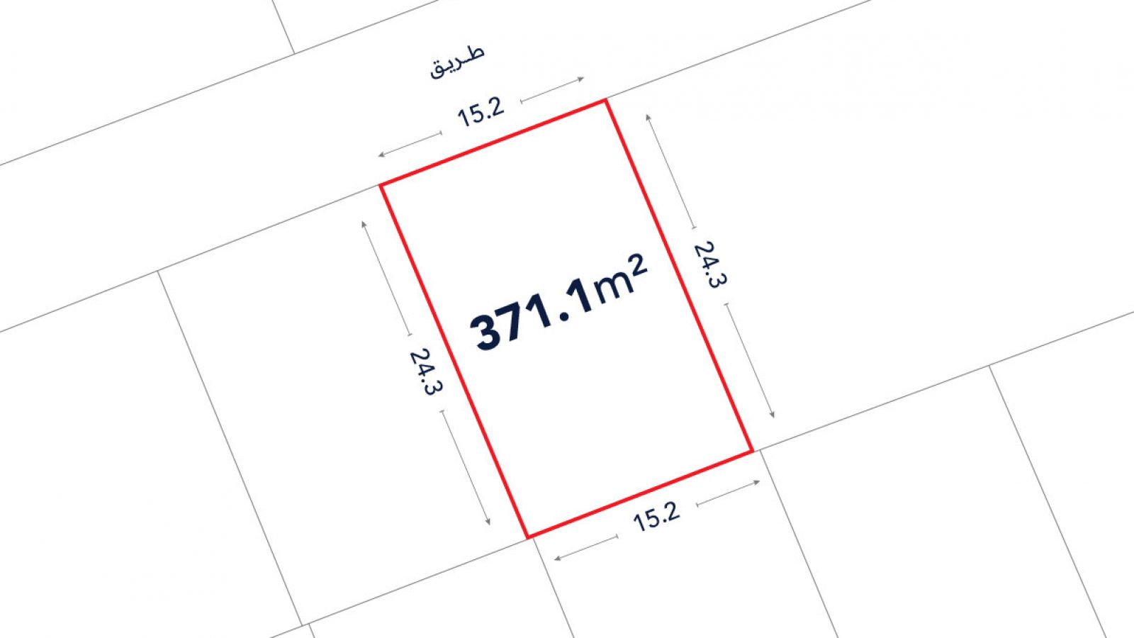 Rectangular land plot outlined in red, labeled 371.1 m², with dimensions 15.2 meters by 24.3 meters, and adjacent to a street labeled in Arabic.