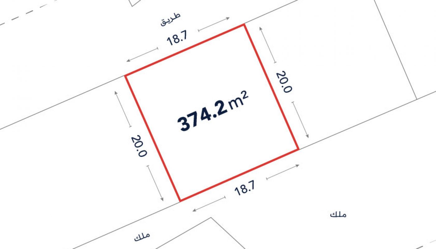 A square land plot outlined in red, labeled 374.2 m², with sides measuring 20.0 m and 18.7 m; adjacent areas labeled “ملك” and “طريق”.