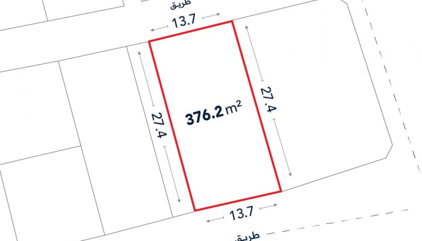 A rectangular plot outlined in red, labeled 376.2 m², with dimensions 13.7 meters by 27.4 meters, bordered by roads on two sides.