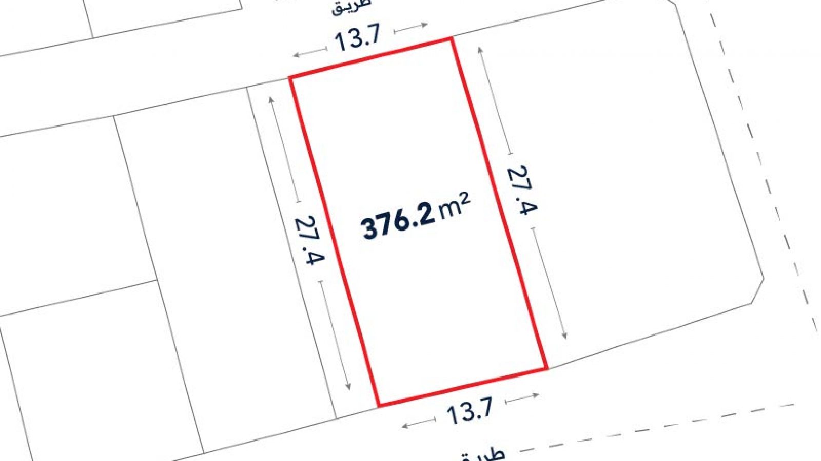 A rectangular plot outlined in red, labeled 376.2 m², with dimensions 13.7 meters by 27.4 meters, bordered by roads on two sides.