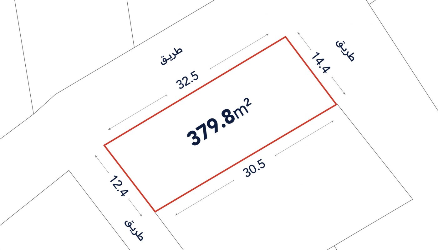 A rectangular land plot outlined in red, labeled 379.8 m², with side lengths of 32.5m, 14.4m, 30.5m, and 12.4m, adjacent to streets labeled in Arabic.