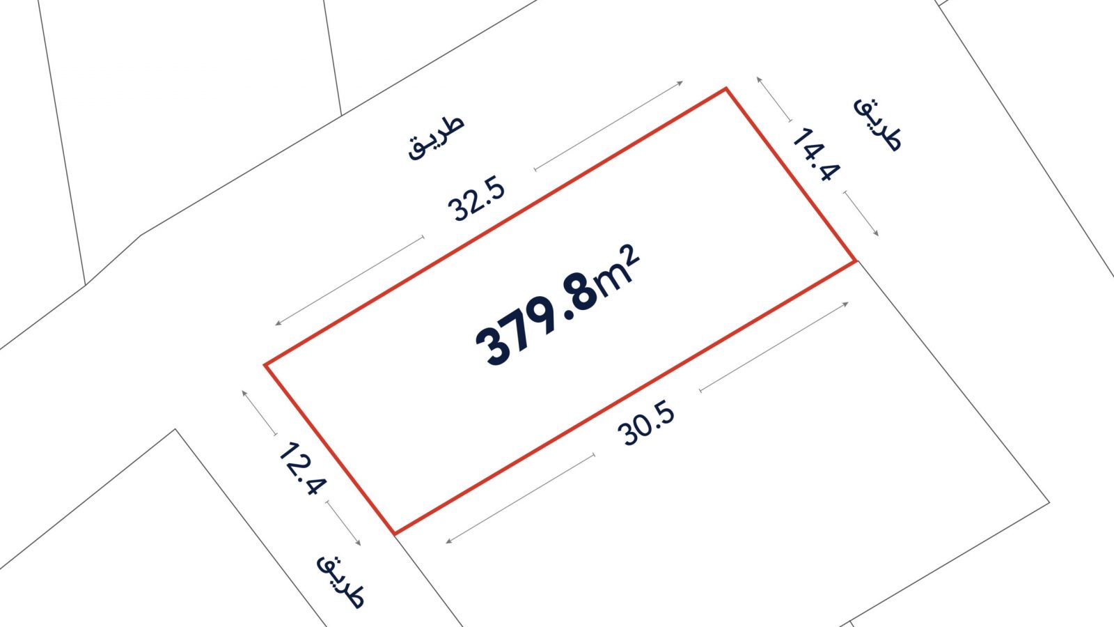 A rectangular land plot outlined in red, labeled 379.8 m², with side lengths of 32.5m, 14.4m, 30.5m, and 12.4m, adjacent to streets labeled in Arabic.
