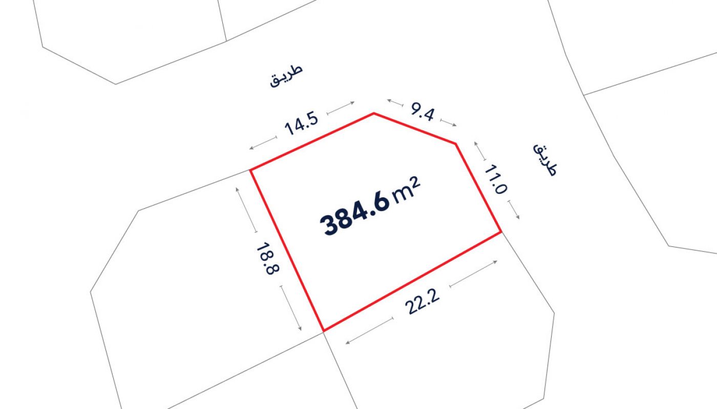 A plot map showing a land area of 384.6 square meters with side lengths of 14.5, 9.4, 11.0, 22.2, and 18.8 meters outlined in red.