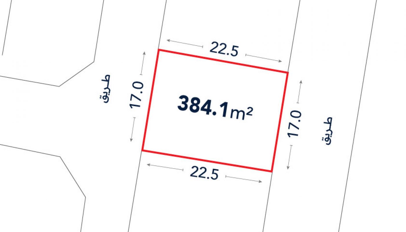 Diagram of a rectangular plot outlined in red, labeled 384.1 square meters, with sides measuring 22.5 meters by 17 meters, and adjacent to roads labeled in Arabic.