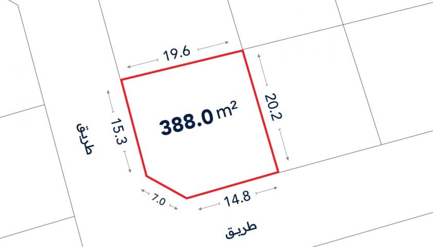 A plot of land outlined in red with an area of 388.0 m². Sides measure 19.6 m, 20.2 m, 14.8 m, 7.0 m, and 15.3 m. Adjacent roads labeled “طريق”.