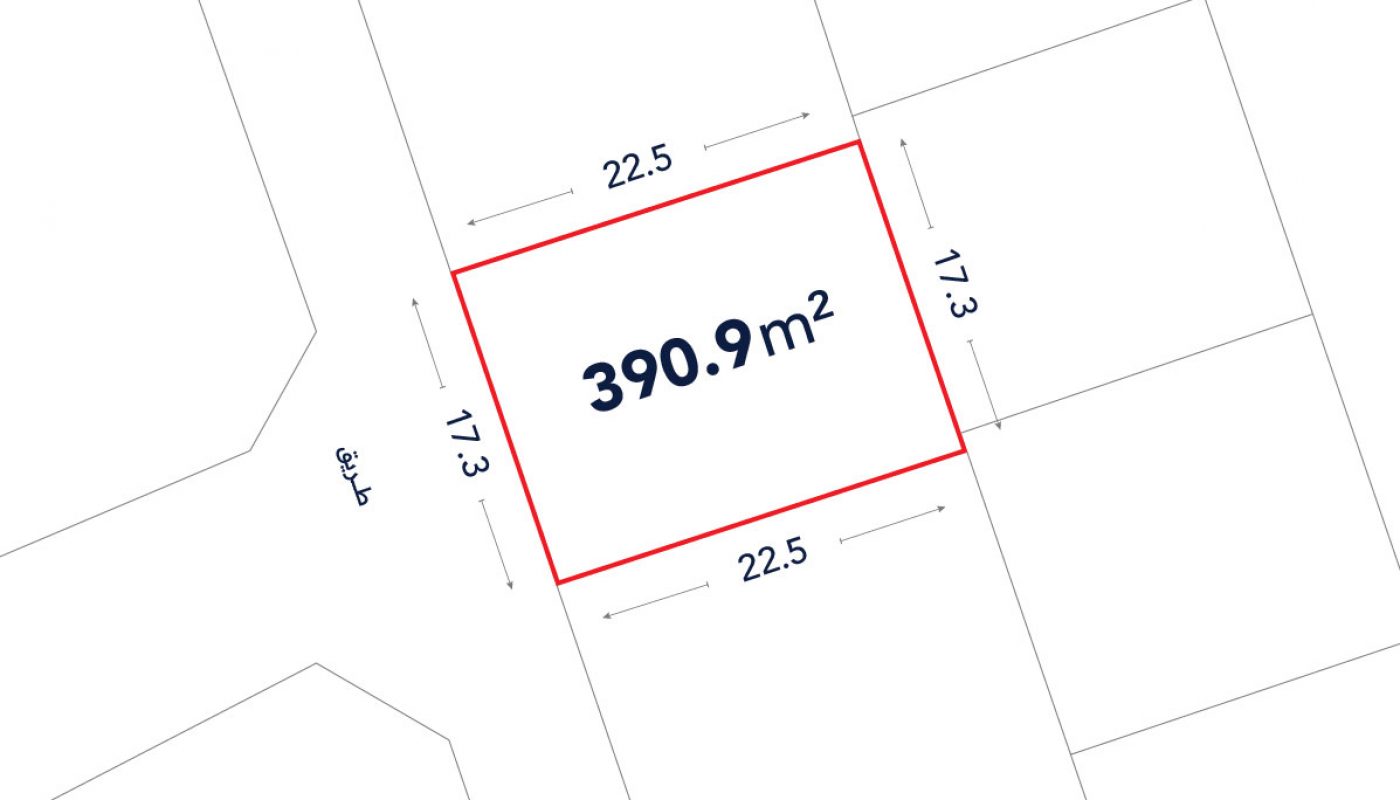 A rectangular land plot highlighted in red, labeled 390.9 m², with side lengths 22.5 m and 17.3 m, bordered by neighboring plots and a street on the left.