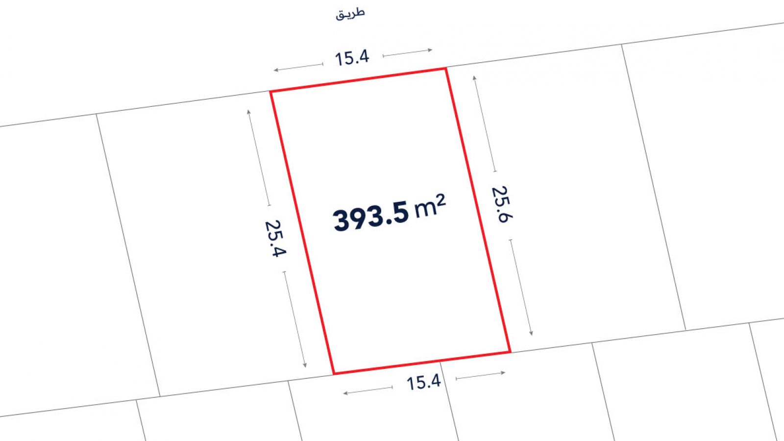 A rectangular land plot outlined in red, measuring 393.5 square meters, with sides labeled 15.4m and 25.4m/25.6m; adjacent plots are unmarked.