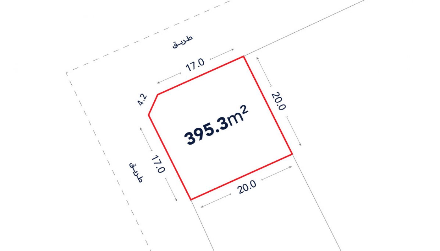 A plot map shows a land area of 395.3 square meters with labeled side lengths: 17.0m, 4.2m, 20.0m, 20.0m, and 17.0m. The plot borders a labeled road.