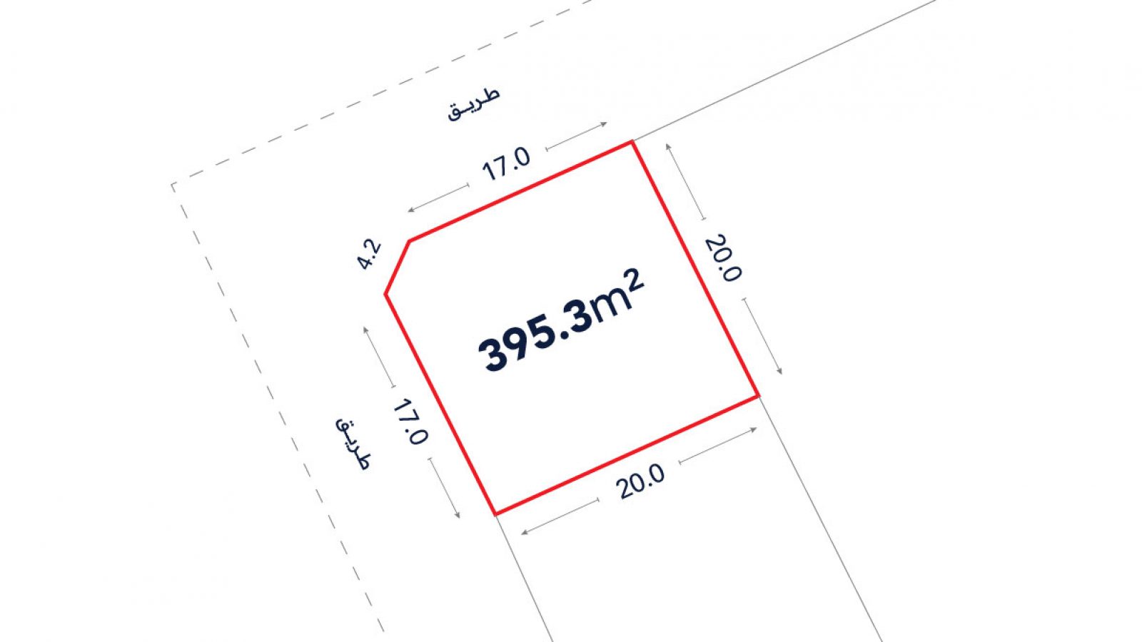 A plot map shows a land area of 395.3 square meters with labeled side lengths: 17.0m, 4.2m, 20.0m, 20.0m, and 17.0m. The plot borders a labeled road.