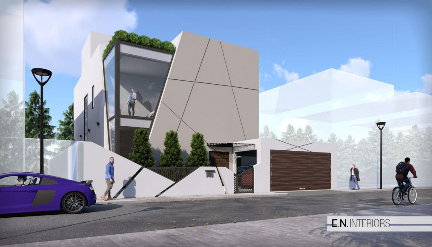 Modern angular house with large windows and rooftop garden. People nearby on a street with a purple sports car and bicyclist. Logo "E.N. Interiors" on the bottom right.