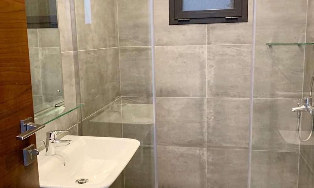 A flat for rent in Saar with a glass shower stall and sink.