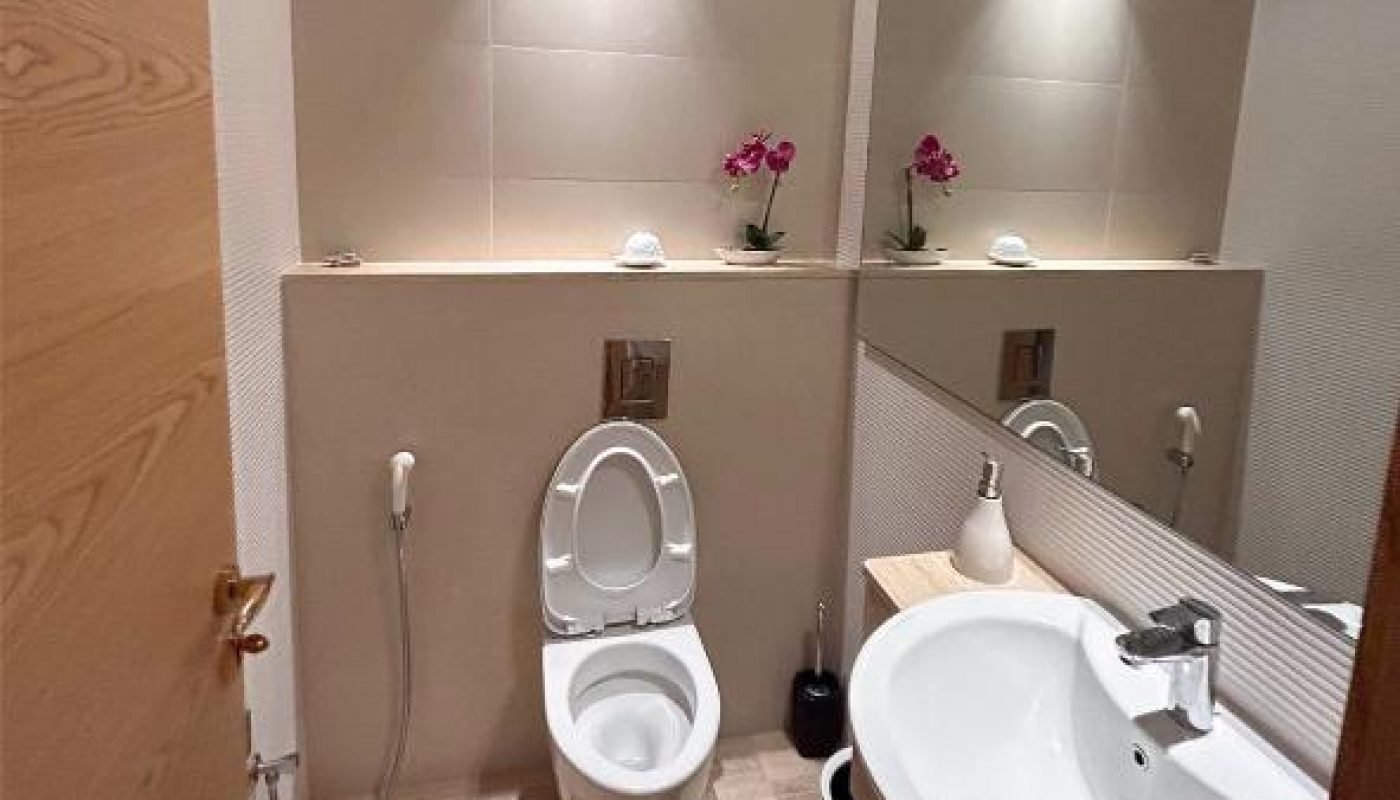 Small modern bathroom with an open wooden door, wall-mounted toilet, bidet spray, white sink, mirror, and a small vase with pink flowers on a shelf.